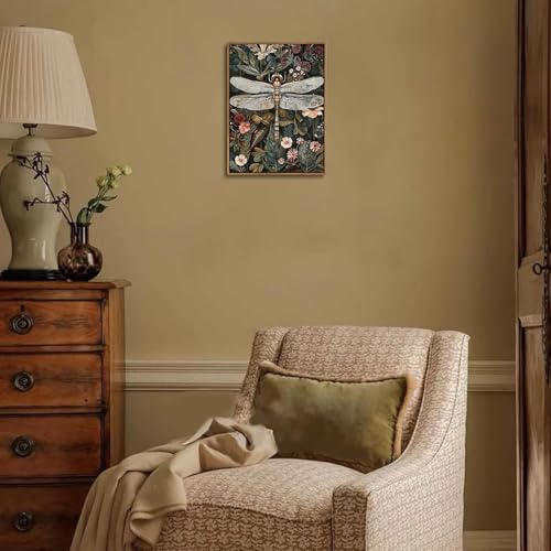 Djmwtb Framed Wall Art Vintage Wall Decor Dragonfly Canvas Art Floral Pictures Insect Paintings Botanical Prints Dark Green Artwork for Bedroom Living Room - Image 2