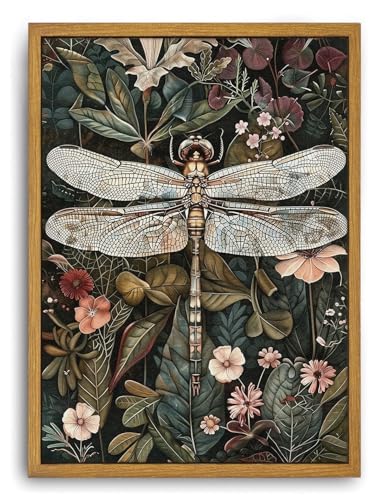Djmwtb Framed Wall Art Vintage Wall Decor Dragonfly Canvas Art Floral Pictures Insect Paintings Botanical Prints Dark Green Artwork for Bedroom Living Room - Image 1