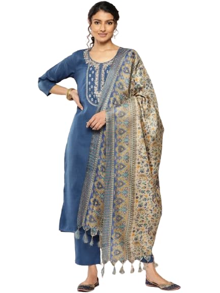 Varanga Women’s Blue Embroidered Yoke Straight Kurta with Tonal Bottom and Printed Bhagalpuri Dupatta, Round Neck, Three-Quarter Sleeves, Side Slits for Casual - Image 1