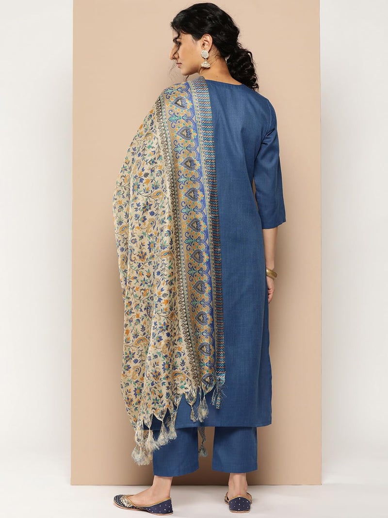 Varanga Women’s Blue Embroidered Yoke Straight Kurta with Tonal Bottom and Printed Bhagalpuri Dupatta, Round Neck, Three-Quarter Sleeves, Side Slits for Casual - Image 4