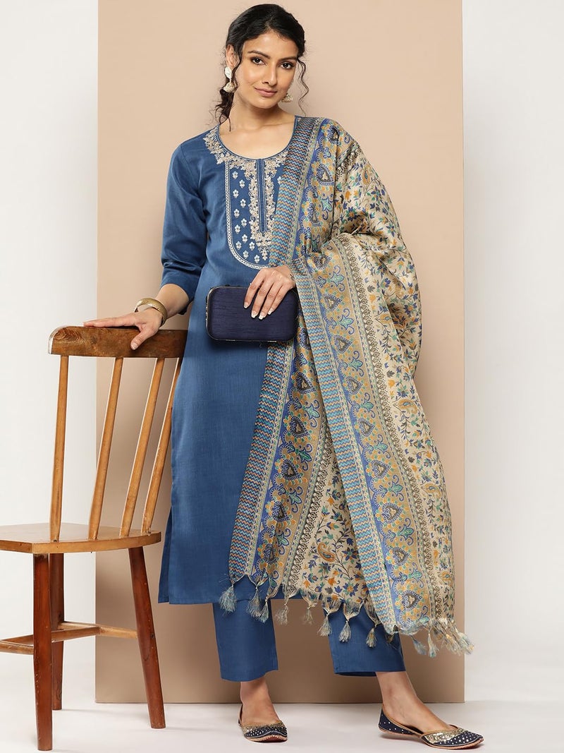 Varanga Women’s Blue Embroidered Yoke Straight Kurta with Tonal Bottom and Printed Bhagalpuri Dupatta, Round Neck, Three-Quarter Sleeves, Side Slits for Casual - Image 5