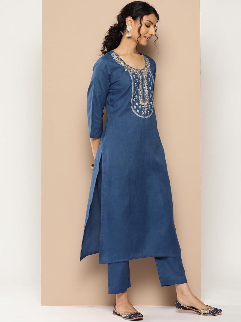 Varanga Women’s Blue Embroidered Yoke Straight Kurta with Tonal Bottom and Printed Bhagalpuri Dupatta, Round Neck, Three-Quarter Sleeves, Side Slits for Casual - Image 3