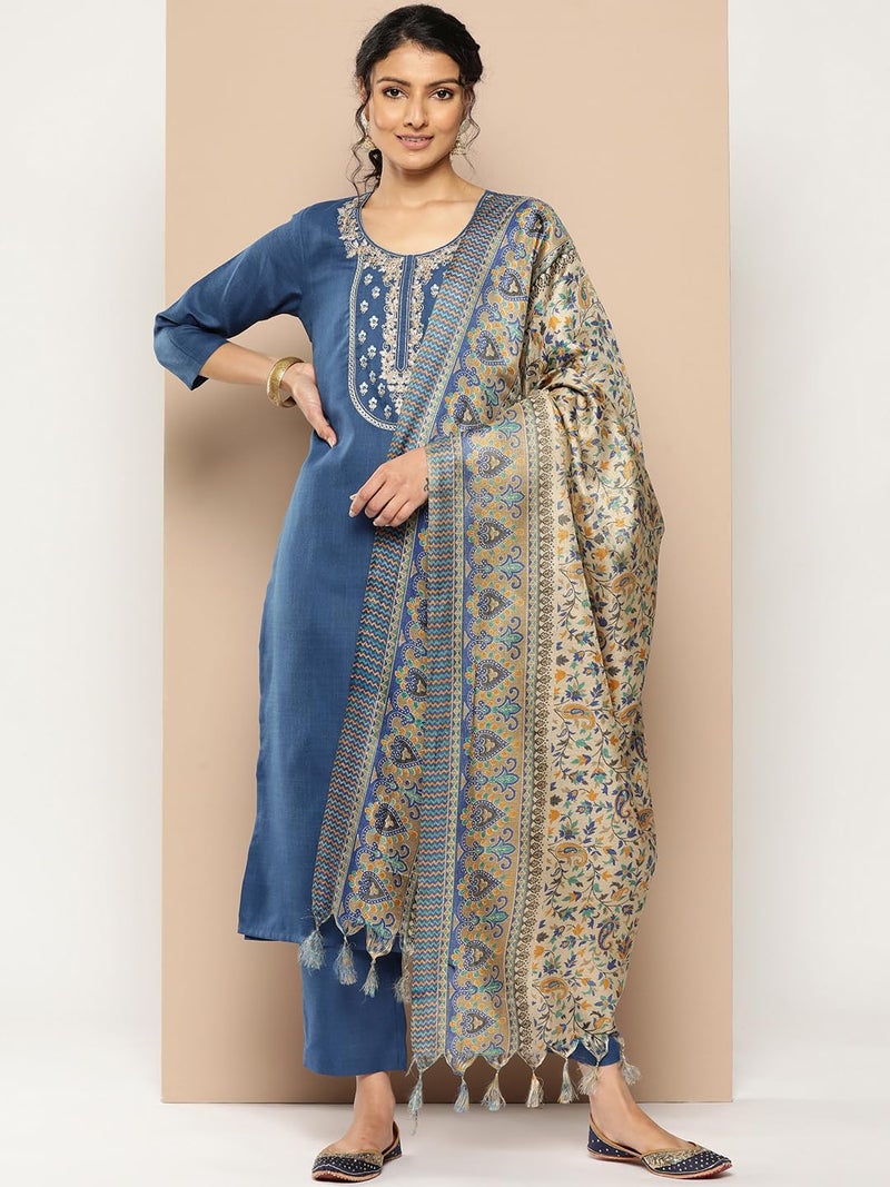 Varanga Women’s Blue Embroidered Yoke Straight Kurta with Tonal Bottom and Printed Bhagalpuri Dupatta, Round Neck, Three-Quarter Sleeves, Side Slits for Casual - Image 2
