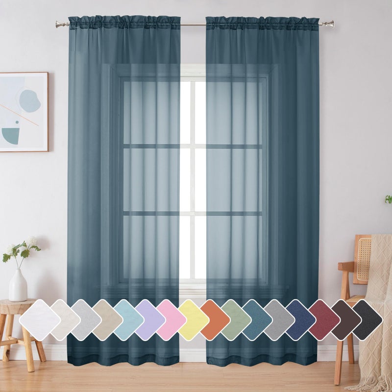 Simplebrand Dusty Blue Sheer Curtains 84 Inches Long, Light Filtering Rod Pocket Solid Color Window Sheer Curtain Panels, Elegant Curtains & Drapes for Living Room, Bedroom 2 Panels (42" W x 84" L) - Image 1