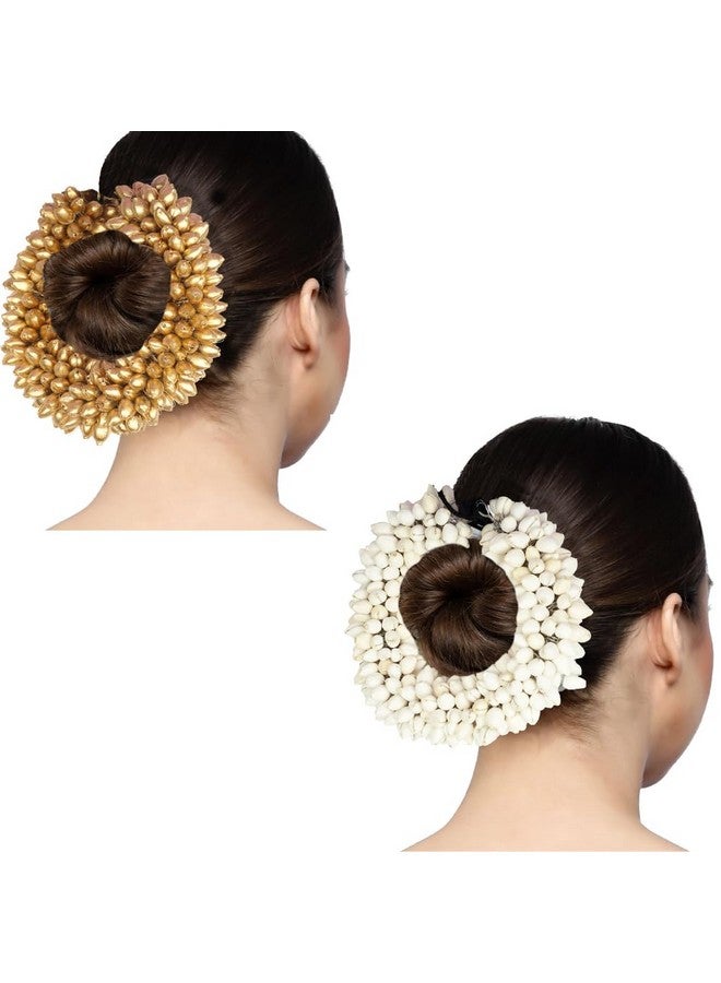 TrendyTrolley Artificial 2 Pc Golden Beaded & White Mogra Gajra | Suitable For Wedding Haldi Bride to Be Mehendi Bharatnatyam Kathhak Dance (2 Pc) |Gajra For Hair - Image 1