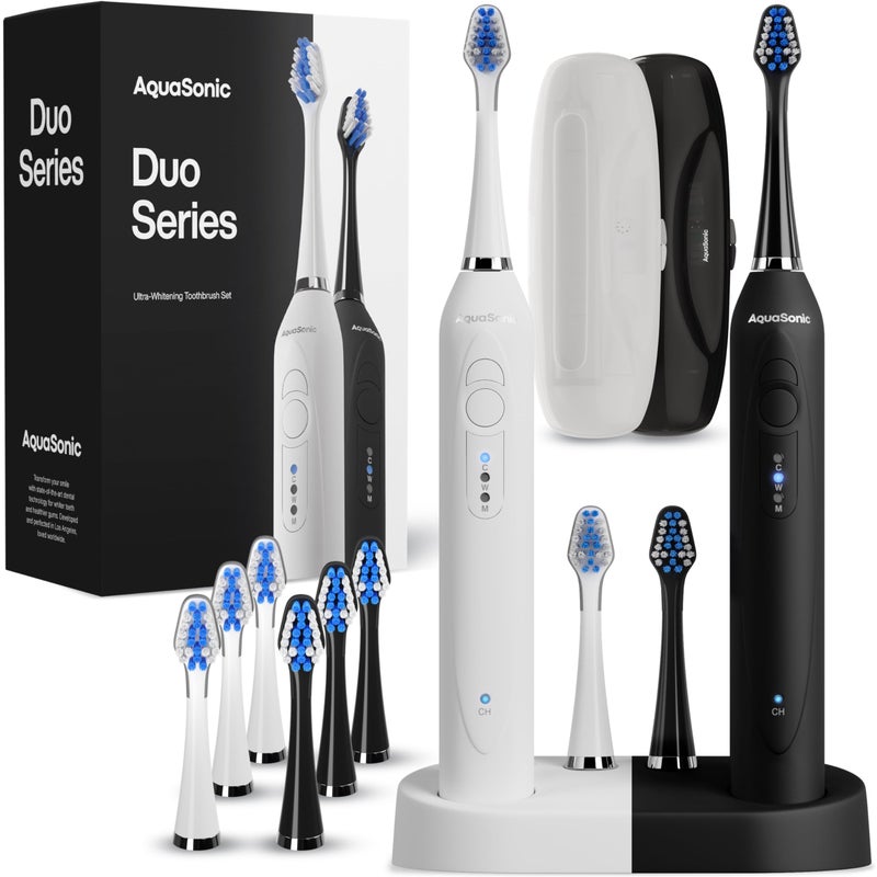 Aquasonic Duo Dual Handle Ultra Whitening 40000 VPM Wireless Charging Electric ToothBrushes 3 Modes with Smart Timers 10 Dupont Brush Heads 2 Travel Cases Included
