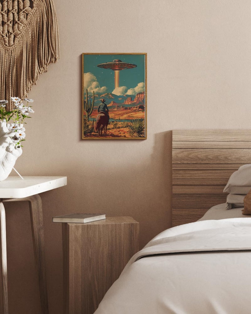 ARPEOTCY Vintage Framed Canvas Wall Art, 12x16 Inch Retro Cowboy on Horseback with UFO Spaceship, Surreal Sci-Fi Western Desert Landscape Wall Art for Living Room, Bedroom, or Office Decor - Image 3