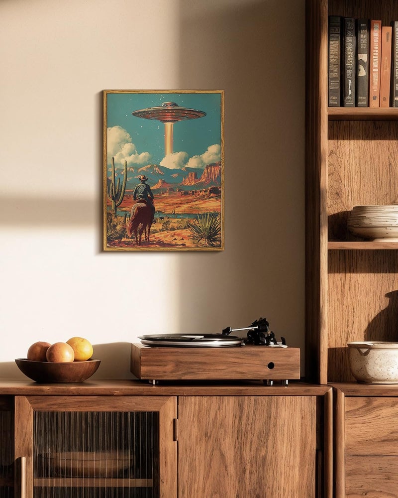 ARPEOTCY Vintage Framed Canvas Wall Art, 12x16 Inch Retro Cowboy on Horseback with UFO Spaceship, Surreal Sci-Fi Western Desert Landscape Wall Art for Living Room, Bedroom, or Office Decor - Image 2