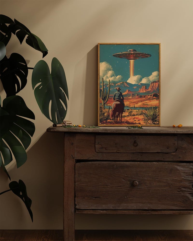 ARPEOTCY Vintage Framed Canvas Wall Art, 12x16 Inch Retro Cowboy on Horseback with UFO Spaceship, Surreal Sci-Fi Western Desert Landscape Wall Art for Living Room, Bedroom, or Office Decor - Image 5