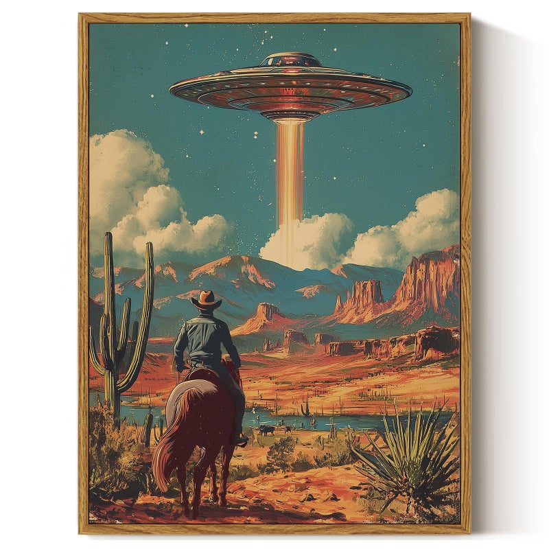ARPEOTCY Vintage Framed Canvas Wall Art, 12x16 Inch Retro Cowboy on Horseback with UFO Spaceship, Surreal Sci-Fi Western Desert Landscape Wall Art for Living Room, Bedroom, or Office Decor - Image 1
