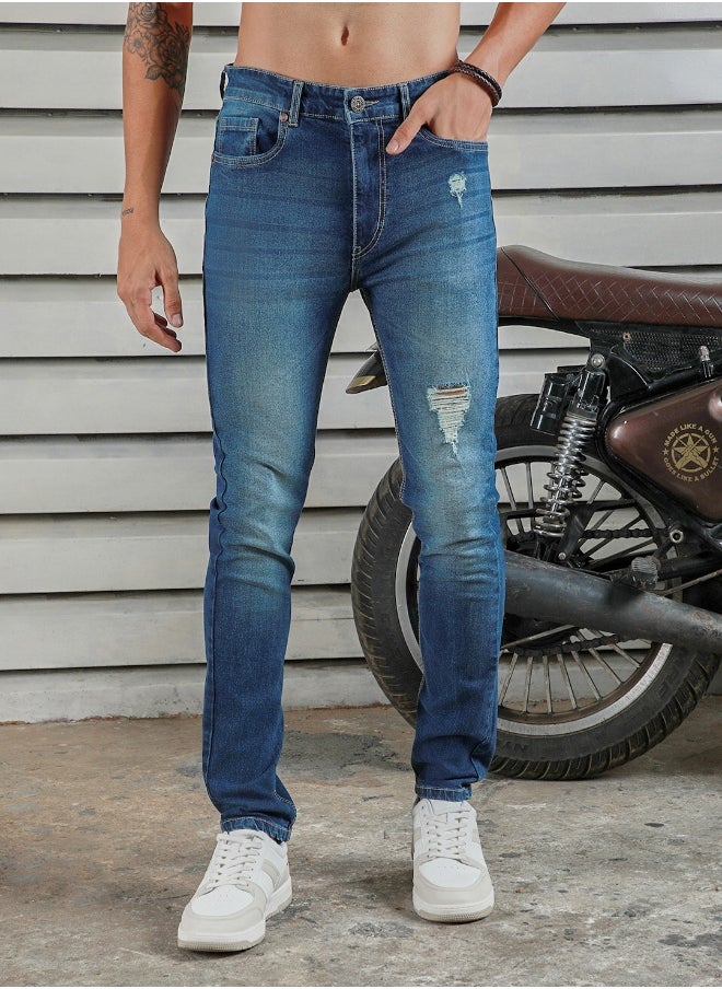 HIGH STAR Men's Indigo 100% Cotton Bleached Full Length Tapered Fit Jeans  - Image 1