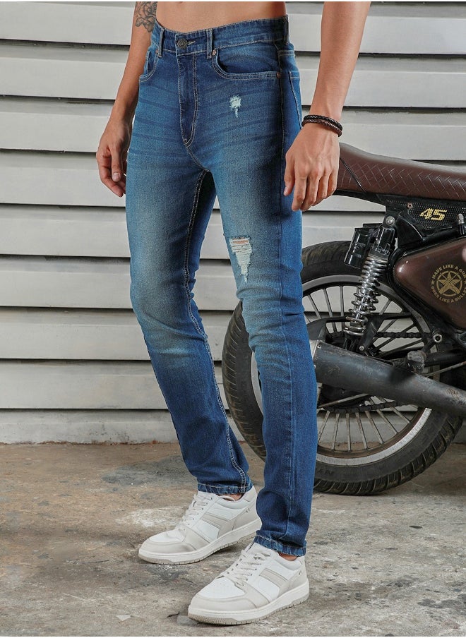 HIGH STAR Men's Indigo 100% Cotton Bleached Full Length Tapered Fit Jeans  - Image 4