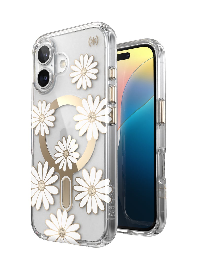 Speck iPhone 16 Presidio Lux Glitter Magsafe with ClickClock- SUNSHINE DAISIES / CLEAR / GOLD - Image 1
