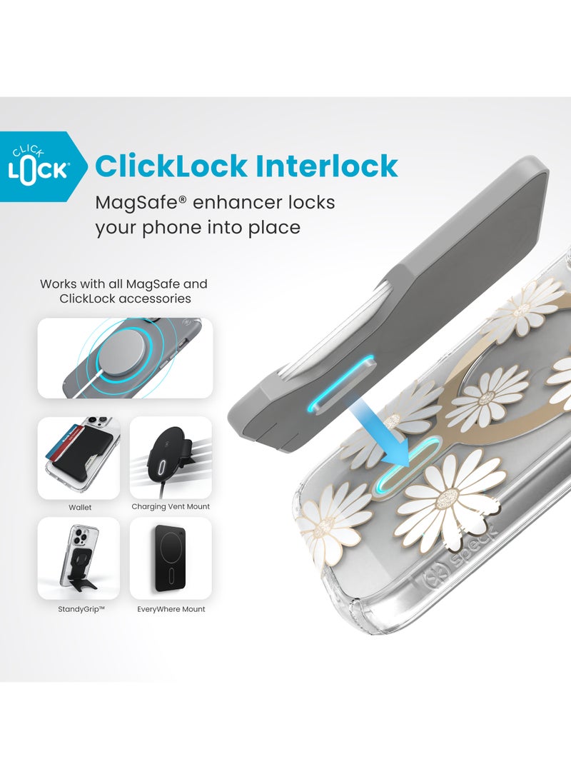 Speck iPhone 16 Presidio Lux Glitter Magsafe with ClickClock- SUNSHINE DAISIES / CLEAR / GOLD - Image 4