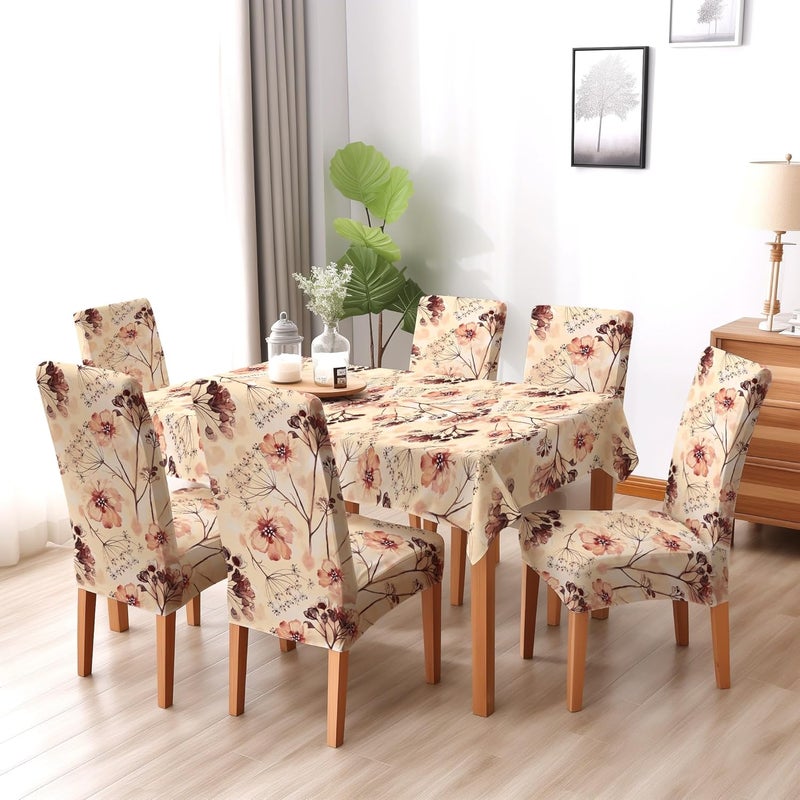 Decorian Polycotton Printed Dining Table Cloth with Dining Chair CoversSlipcovers 6 Seater Table Cover 6 Chair Cover Watercolor Leaves Square watercolor leaves Multicolor - Image 1