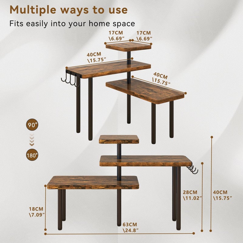 IBUYKE Countertop Organizer,3-Tier Spice Racks,Kitchen Counter Corner Shelf,4 Side Hooks,Adjustable Countertop Shelf for Kitchen, Bathroom, Coffee Bar, Cabinet, Desk,Rustic Brown,TLJ023H - Image 4