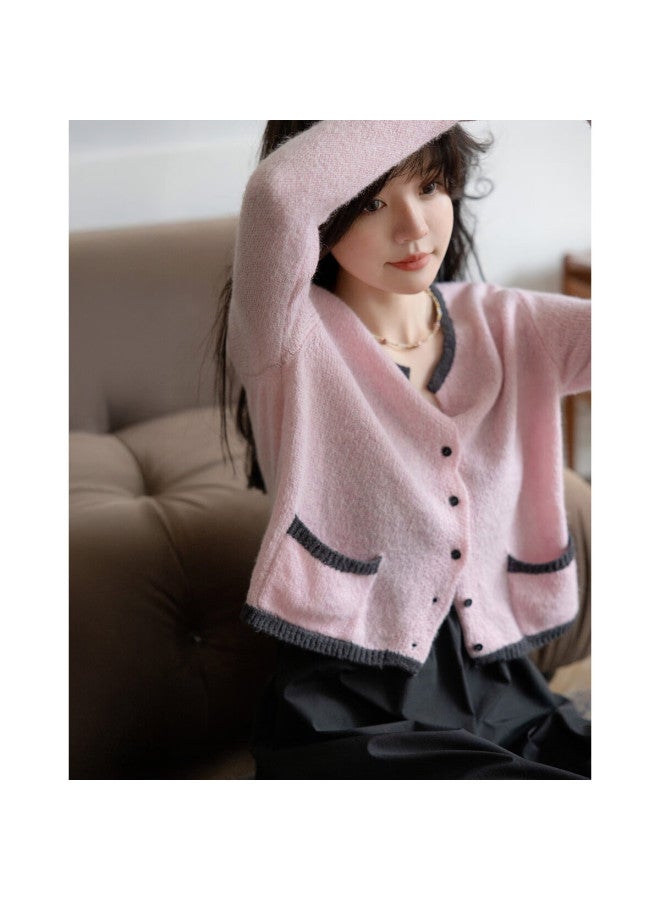 Mt Spring Dopamine Qianjin Wind Cardigan, Contrasting Color, High-elasticity Spliced, Concealing-fat Knitted Sweater Top - Image 1