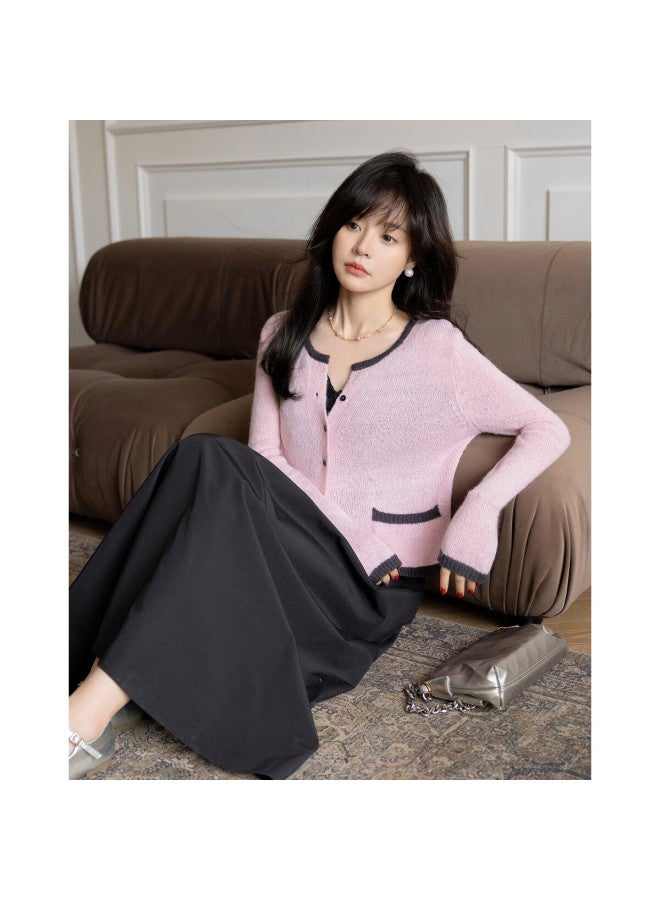 Mt Spring Dopamine Qianjin Wind Cardigan, Contrasting Color, High-elasticity Spliced, Concealing-fat Knitted Sweater Top - Image 2