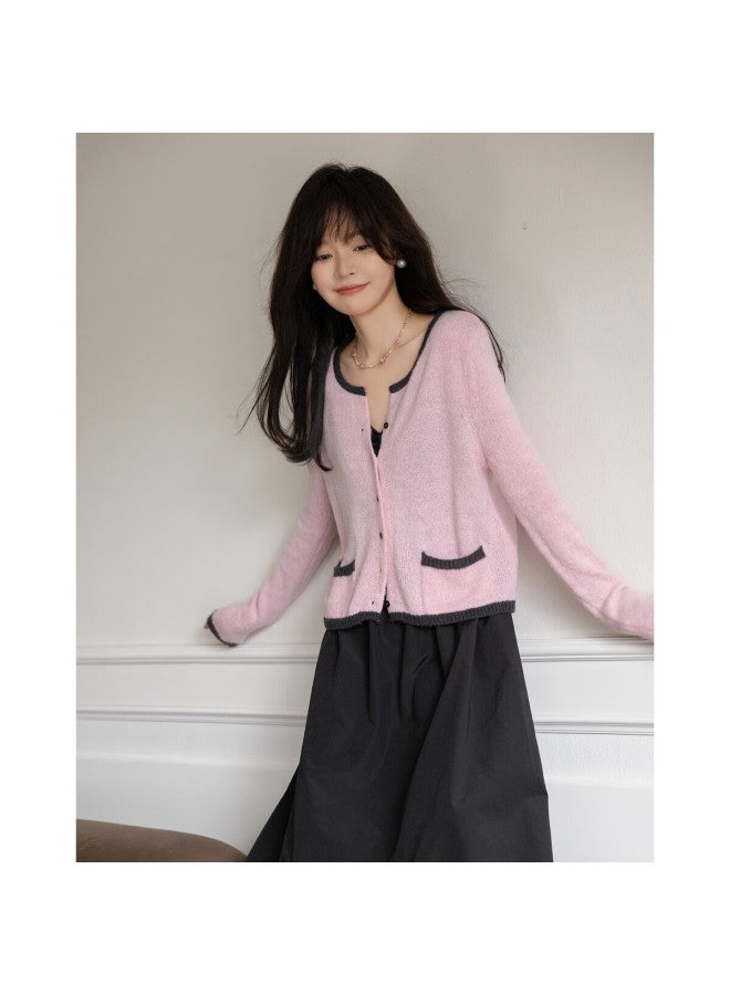 Mt Spring Dopamine Qianjin Wind Cardigan, Contrasting Color, High-elasticity Spliced, Concealing-fat Knitted Sweater Top - Image 5