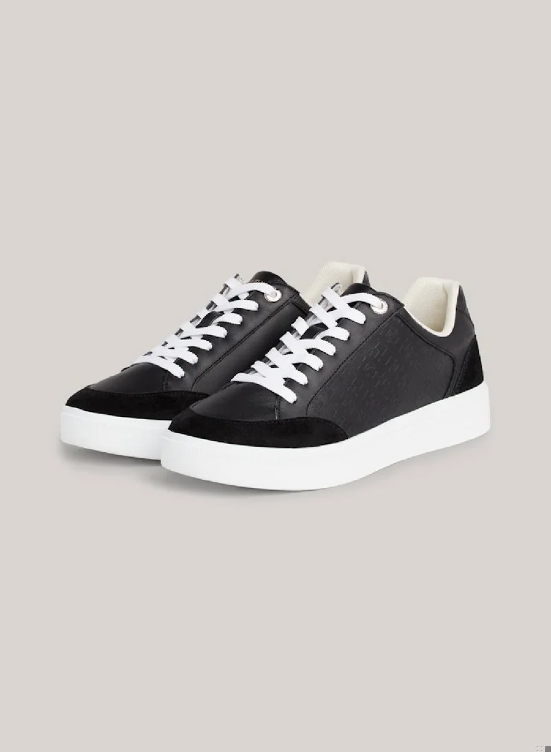 TOMMY HILFIGER Women's Th Monogram Leather Mixed Texture Sneakers -  Leather upper, Black