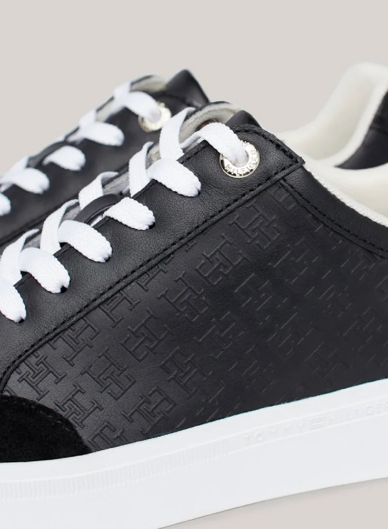 TOMMY HILFIGER Women's Th Monogram Leather Mixed Texture Sneakers -  Leather upper, Black