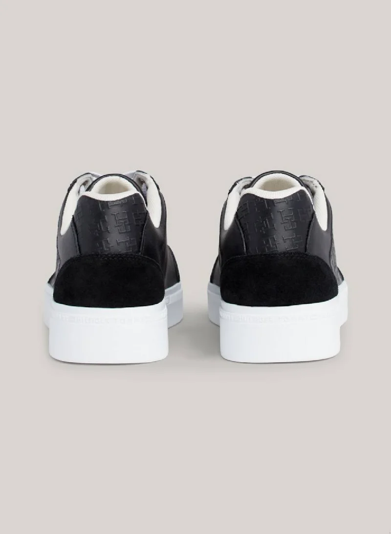 TOMMY HILFIGER Women's Th Monogram Leather Mixed Texture Sneakers -  Leather upper, Black