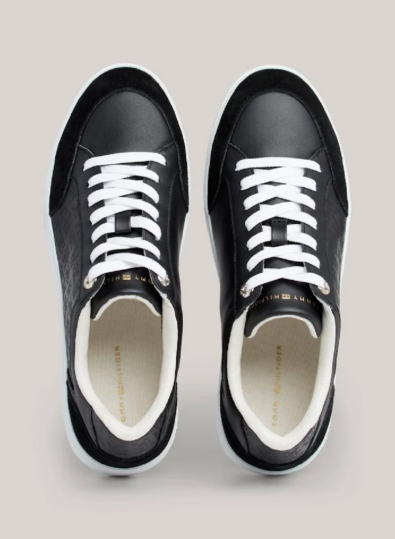 TOMMY HILFIGER Women's Th Monogram Leather Mixed Texture Sneakers -  Leather upper, Black