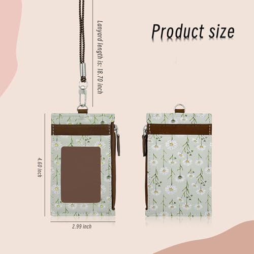 AdiStylinno ID Badge Holder, Leather Slim Lanyard Wallet Purse with Elastic Removable Lanyard Strap Exquisite Floral Design Purse with 1ID Window, 3 Card Slots and 1 Side Zipper Pocket (Brown) - Image 2