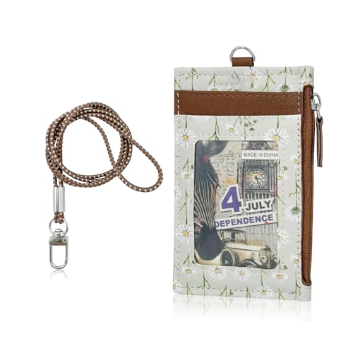 AdiStylinno ID Badge Holder, Leather Slim Lanyard Wallet Purse with Elastic Removable Lanyard Strap Exquisite Floral Design Purse with 1ID Window, 3 Card Slots and 1 Side Zipper Pocket (Brown) - Image 1