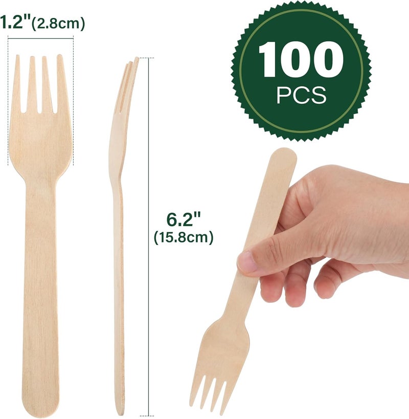 LotFancy Upgraded classic design Disposable Wooden Forks, 100 Pcs, 6.2inch Compostable Biodegradable Eco-Friendly, Great for Camping Picnics Dinner, Party Supplies Quick available purchase options - Image 2