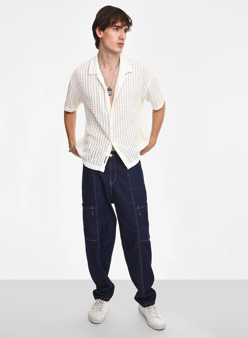 CAHOOT  Men's Cream White Striped Knit Oversized Shirt For Casual Wear | Cuban Collar | Short Sleeve | Button Closure | Oversized Shirt Crafted With Comfort Fit For Everyday Wear for Men | Best Price UAE