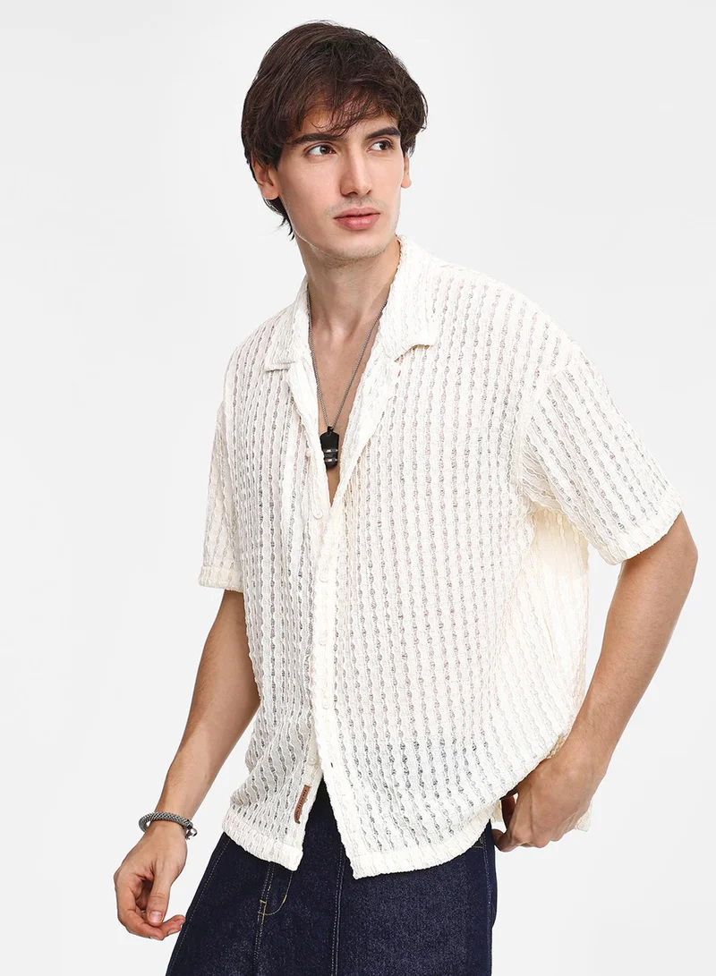 CAHOOT  Men's Cream White Striped Knit Oversized Shirt For Casual Wear | Cuban Collar | Short Sleeve | Button Closure | Oversized Shirt Crafted With Comfort Fit For Everyday Wear for Men | Best Price UAE