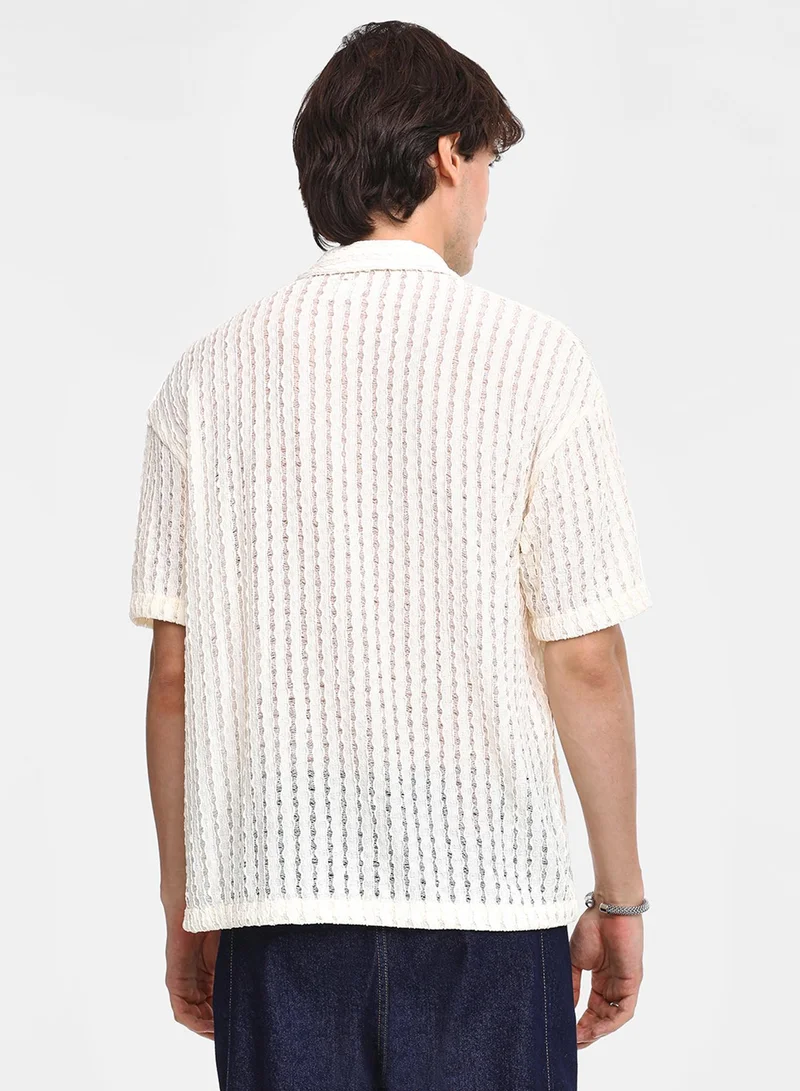 CAHOOT  Men's Cream White Striped Knit Oversized Shirt For Casual Wear | Cuban Collar | Short Sleeve | Button Closure | Oversized Shirt Crafted With Comfort Fit For Everyday Wear for Men | Best Price UAE