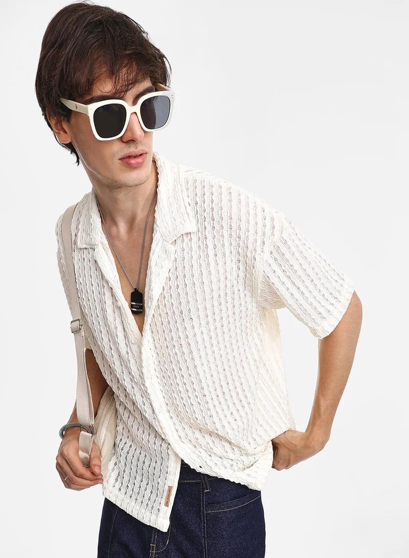 CAHOOT  Men's Cream White Striped Knit Oversized Shirt For Casual Wear | Cuban Collar | Short Sleeve | Button Closure | Oversized Shirt Crafted With Comfort Fit For Everyday Wear for Men | Best Price UAE
