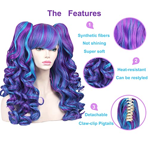 ColorGround Long Curly Cosplay Wig with 2 Ponytails(Blue/Purple) - Image 5