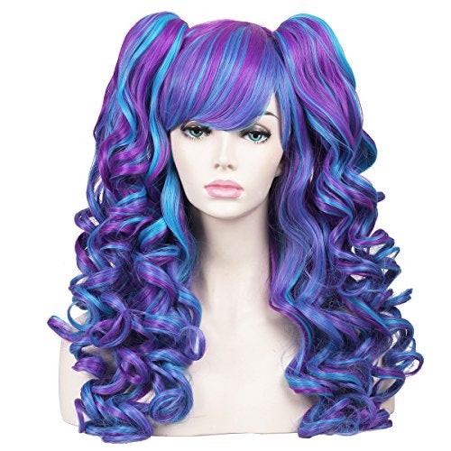 ColorGround Long Curly Cosplay Wig with 2 Ponytails(Blue/Purple) - Image 1