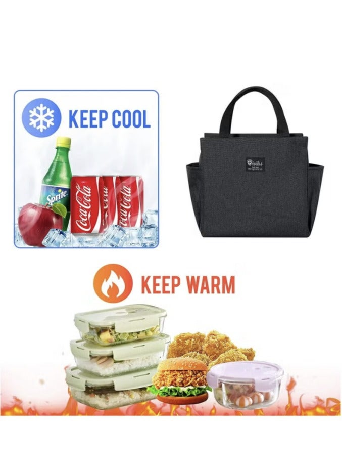 Hanayo Insulated Lunch Bag with Dual Side Pockets, Thermal Lunch Tote Box Bag for Women Men and childern WIth Lightweight Size for Work Picnic School Office Oxford Material Black 25x14x25 cm - Image 2