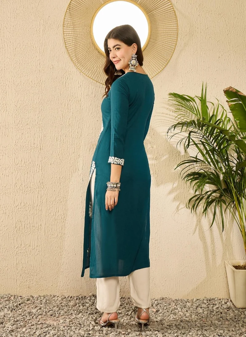 زيري سوق Blue Viscose Rayon Solid Embroidered Straight Kurta