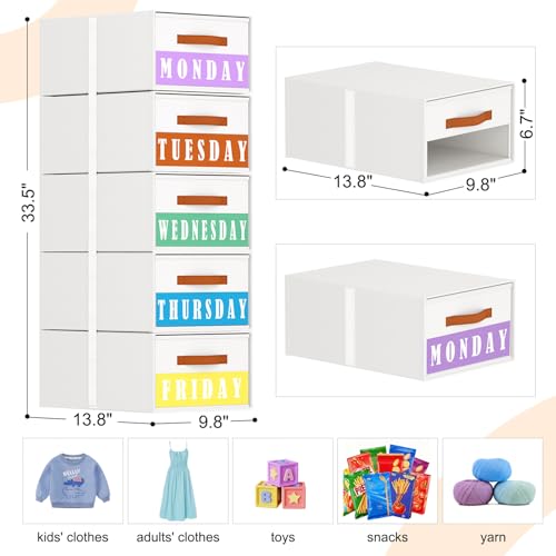 Easortm Stackable Storage Drawers - Pull Out Storage Bins with Drawers for Closet Clothes Organizers with Weekly Labels & Clear Window, Closet Shelf Storage for Bedroom, Living Room, 5 Pack, White - Image 2