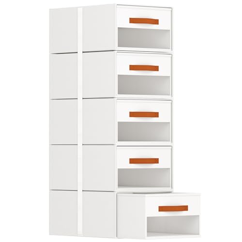 Easortm Stackable Storage Drawers - Pull Out Storage Bins with Drawers for Closet Clothes Organizers with Weekly Labels & Clear Window, Closet Shelf Storage for Bedroom, Living Room, 5 Pack, White - Image 1