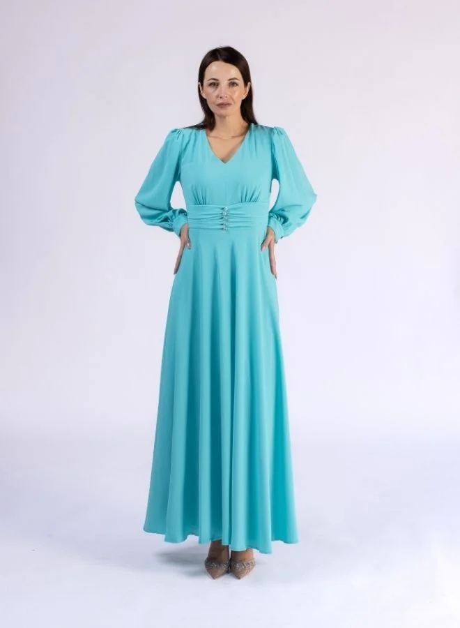 Fashonara Tiffany Blue Summer Ruffled Modest Dress with Crystal Buttons