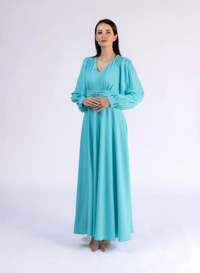 Fashonara Tiffany Blue Summer Ruffled Modest Dress with Crystal Buttons