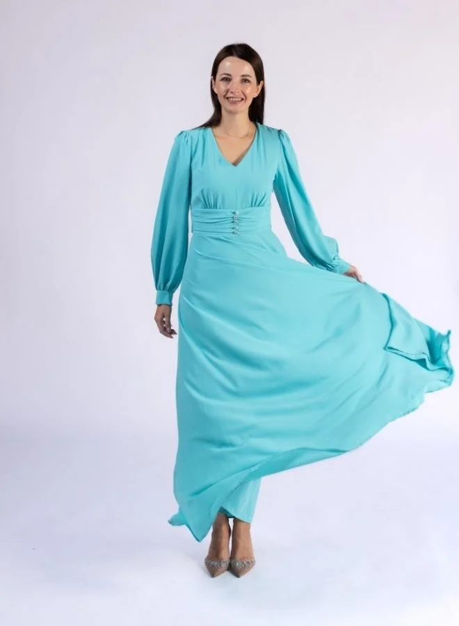 Fashonara Tiffany Blue Summer Ruffled Modest Dress with Crystal Buttons