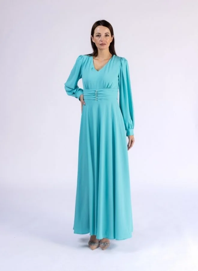 Fashonara Tiffany Blue Summer Ruffled Modest Dress with Crystal Buttons