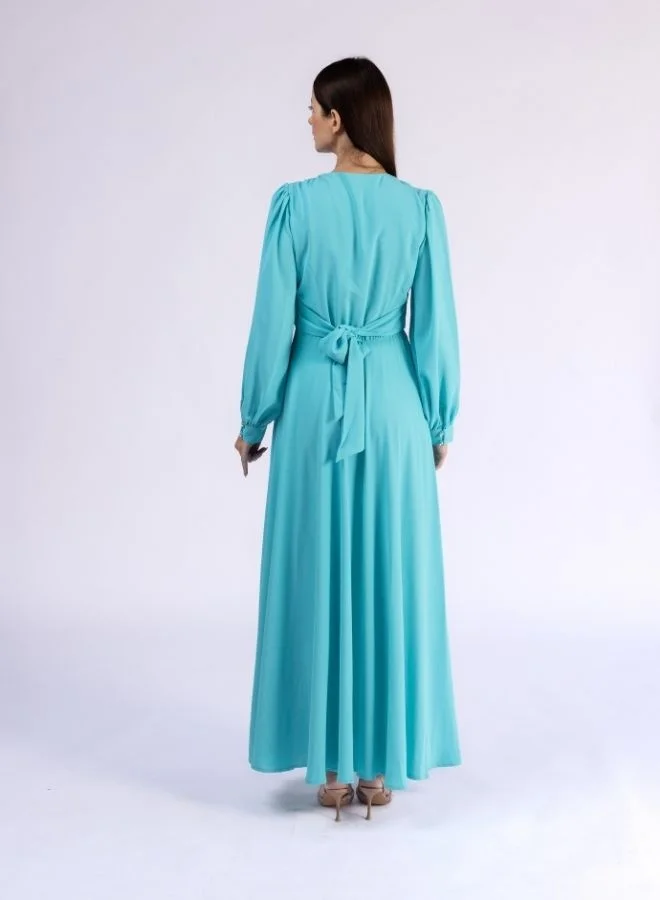Fashonara Tiffany Blue Summer Ruffled Modest Dress with Crystal Buttons