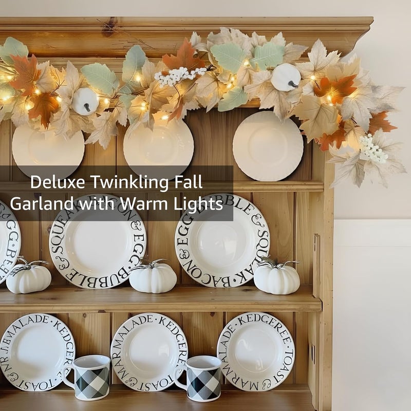 NUTIKAS Neutral Fall Garland for Mantle Fireplace - 6 Pack Toatal 54Ft Outdoor Autumn Leaves Decor for Home Front Door with Pumpkins Indoor Maple for Farmhouse Stairs Porch Halloween Thanksgiving Decorations - Image 2
