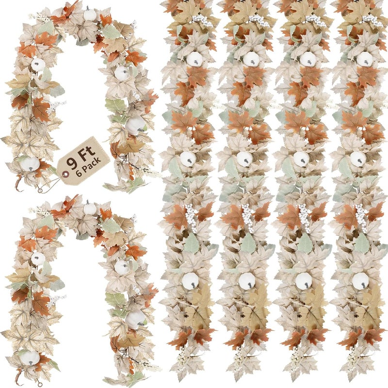 NUTIKAS Neutral Fall Garland for Mantle Fireplace - 6 Pack Toatal 54Ft Outdoor Autumn Leaves Decor for Home Front Door with Pumpkins Indoor Maple for Farmhouse Stairs Porch Halloween Thanksgiving Decorations - Image 1