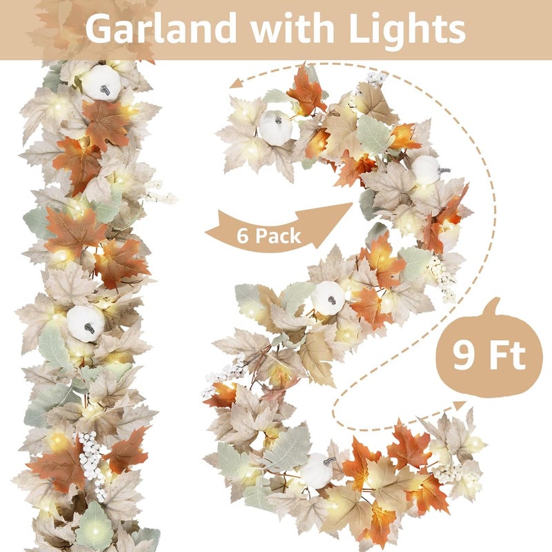 NUTIKAS Neutral Fall Garland for Mantle Fireplace - 6 Pack Toatal 54Ft Outdoor Autumn Leaves Decor for Home Front Door with Pumpkins Indoor Maple for Farmhouse Stairs Porch Halloween Thanksgiving Decorations - Image 5