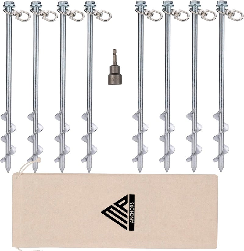 MightyPhine Earth Anchors - 12" Set of 8 Heavy Duty Ground Stakes - Screw in Anchors for Mobile Homes, Sheds, Swing Sets, Trees & Canopies - Includes Drill Bit - Image 1