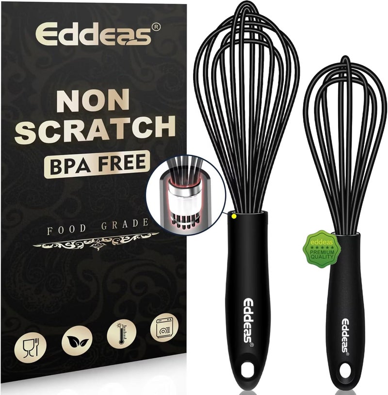 Eddeas Mini Silicone Whisk, Small Silicone Whisk 7+9in, BPA free Non Scratch Coated Protect your Ceramic Pots and Pan.Perfect for Whisking, Beating, Mixing.Black - Image 1